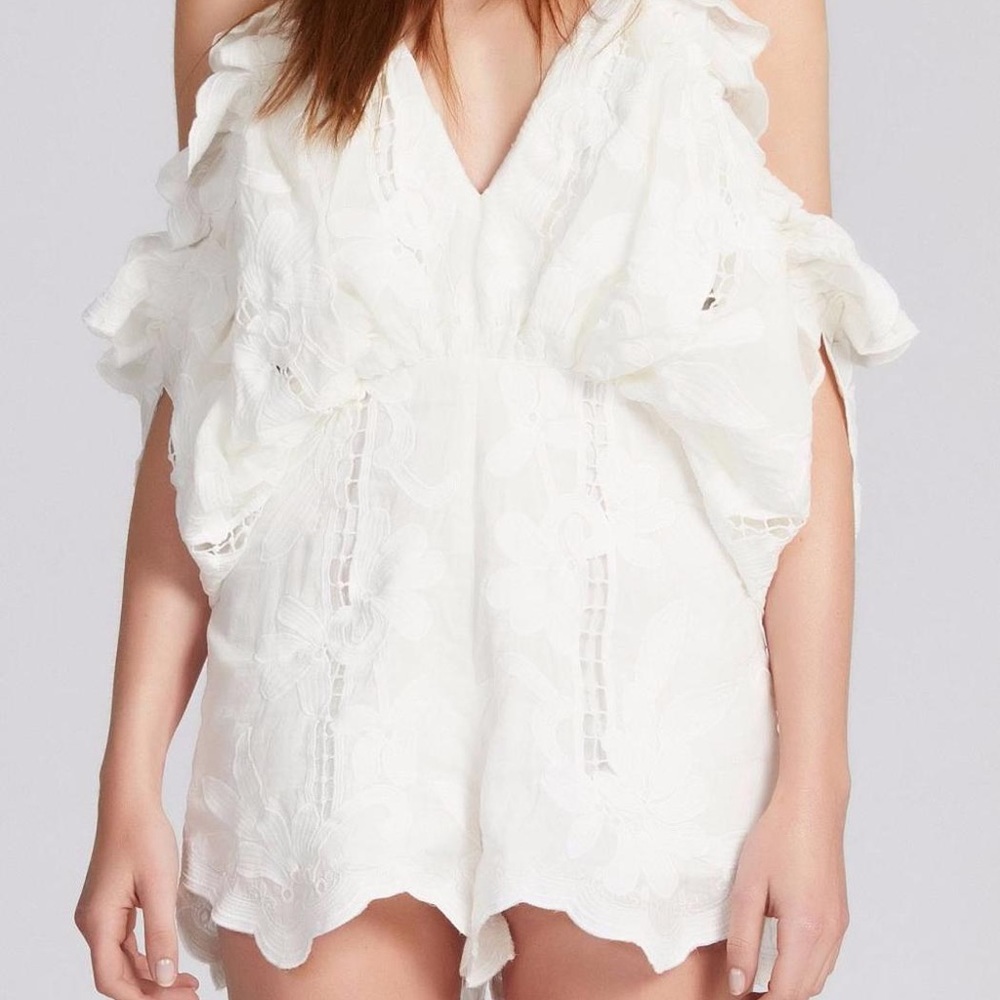 Alice McCall off shoulder embroidered lace eyelet ruffle scallop white romper 0